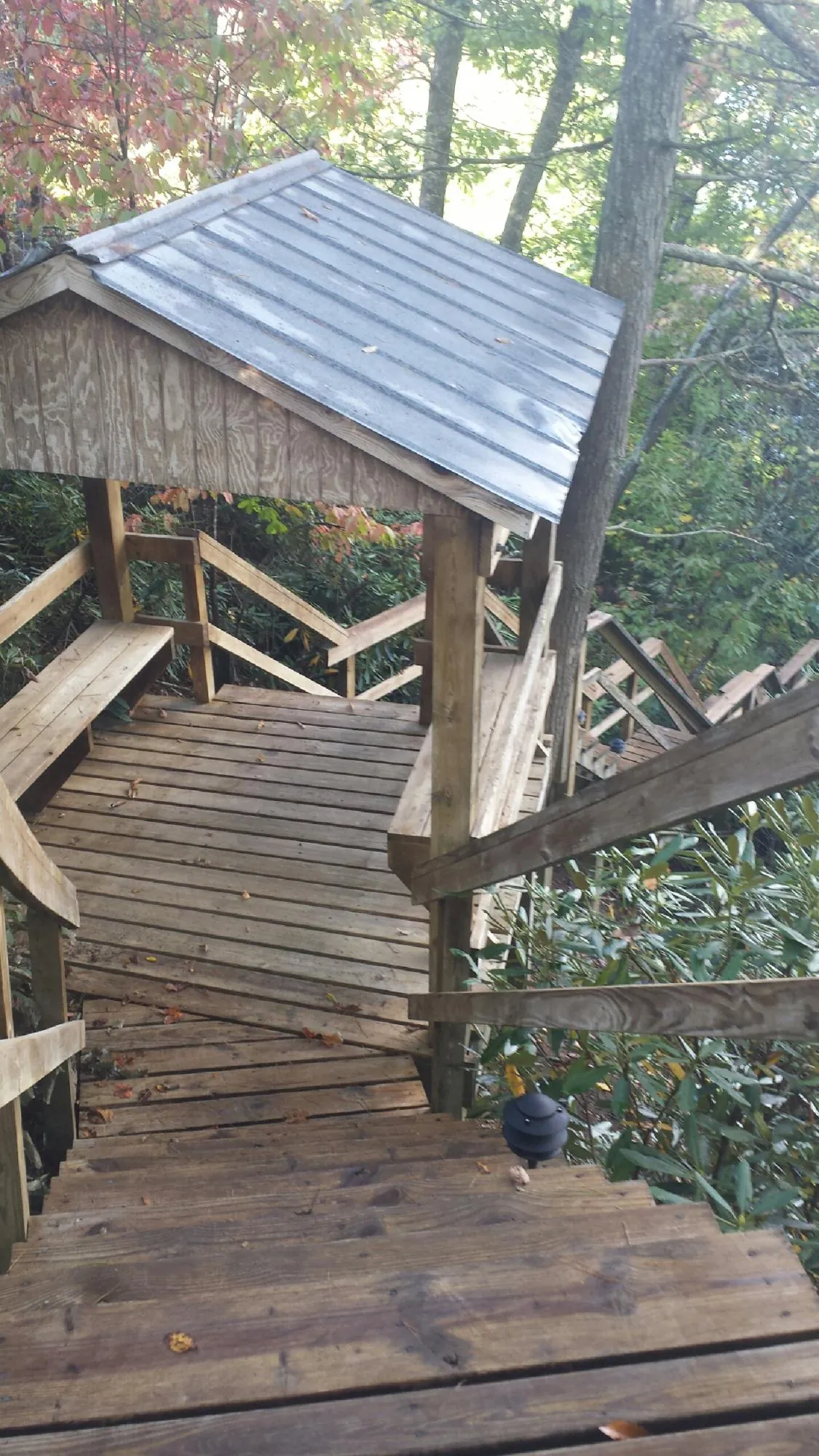 Metal roofed shelter over wooden steps on a wooded walkway — Skylight Repair & Installation work by our crew in Bardstown